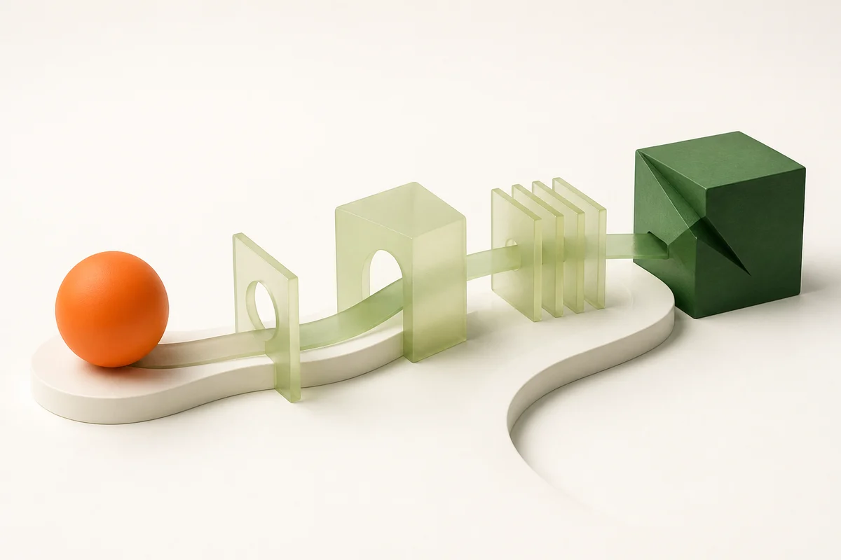 An orange sphere follows a purposeful path through a sequence of structures and becomes a solid green form.